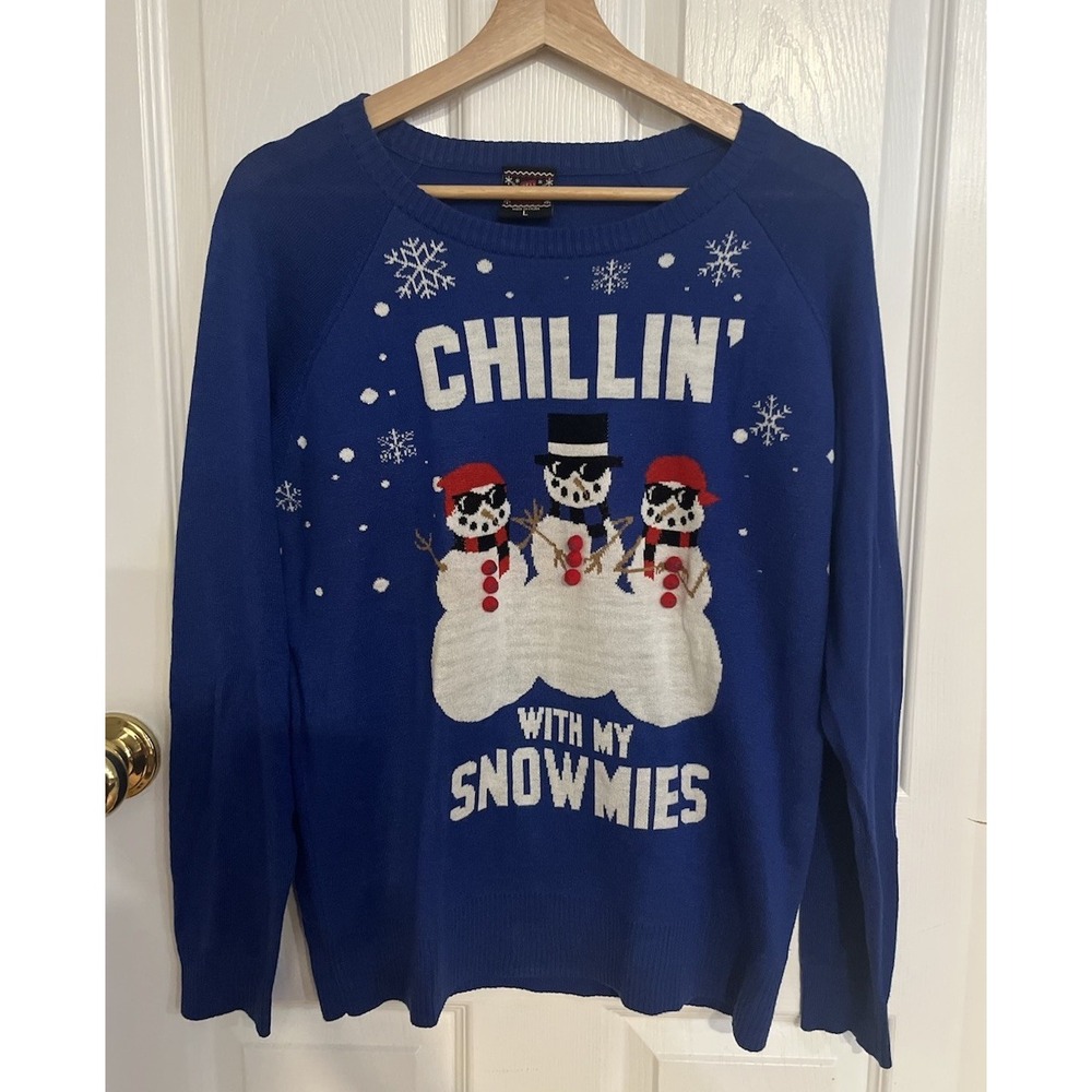 Ugly Christmas Sweater Snowmen "Chillin w/ My‎ Snowmies" Holiday Blue Unisex L